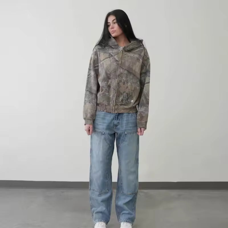 Retro zip up Hoodie Camouflage Pattern